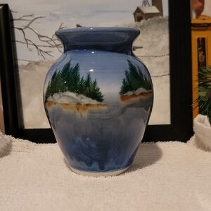 Handcrafted Blue Ceramic Vase with Scenic Design